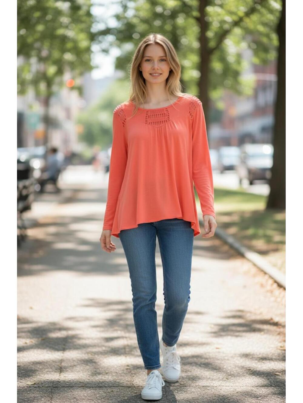HiCyrus bright pumpkin orange tunic top stretch knit crochet cutout NWT size L